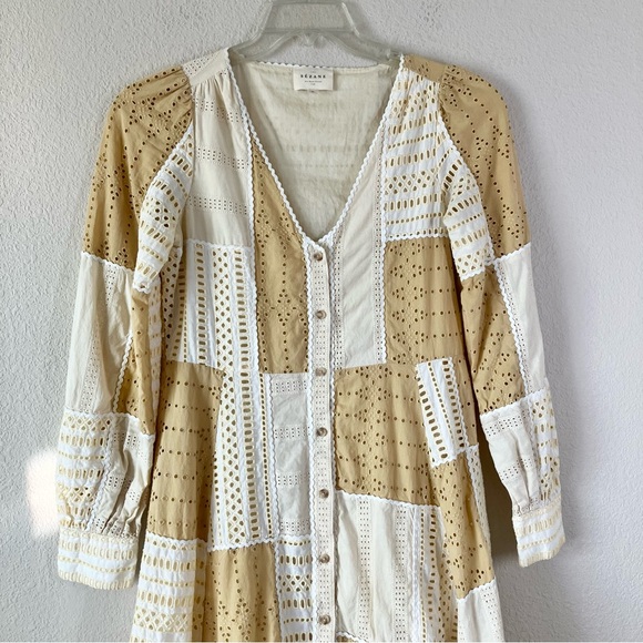SEZANE Eyelet Patchwork Midi Dress Matissa Long Sleeve Cottagecore Peasant 4 US - Picture 3 of 16